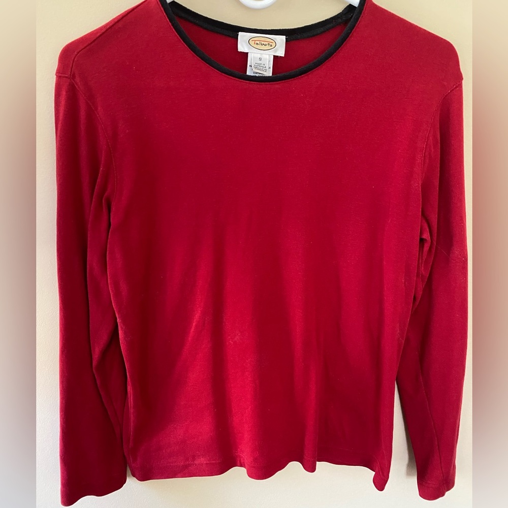 Talbots Black Velvet-Trimmed RED Long Sleeve Tee S